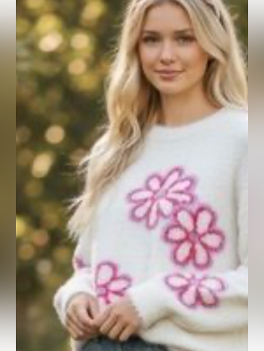 White Fuzzy Crewneck Sweater with Pink Floral Motiff Relaxed Fit Size XL